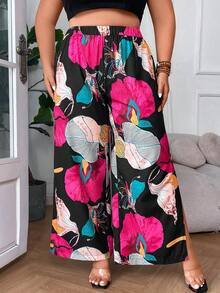 SHEIN Holidaya Pantalones de pierna ancha con estampado floral de muslo con abertura