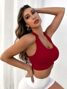 Yoga Basic Solid Halter Neck Crop Sports Bra - Burgundy - View 3