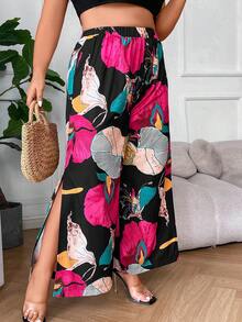 SHEIN Holidaya Pantalones de pierna ancha con estampado floral de muslo con abertura