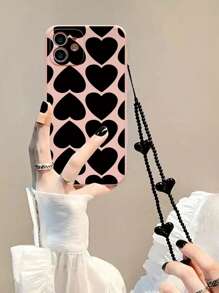Ốp điện thoại hình trái tim màu đen có dây treo, tương thích với iPhone 15 Pro Max/14/13/12/11, , , , quà tặng ngày Valentine, phiên bản quốc tế, không phải phiên bản nội địa. - Hồng - Xem 3