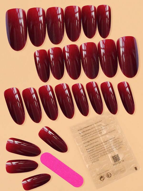 Elevate Your Style with 24pcs Long Coffin Burgundy Solid Glossy Plain
