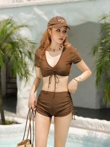 SHEIN Swim Traje de baño de bikini liso con cordón ajustable para playa en verano - Café integral - Ver 8