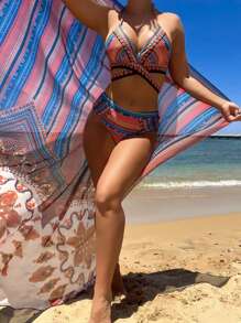 SHEIN Swim Allover Print Halter Triangle Bikini Set With Kimono,Summer Beach - Multicolor - View 6
