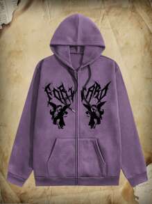 ROMWE MEN Academia 男士天使印花拉鍊加厚連帽衫 - 紫色 - 查看 1