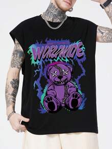 ROMWE MEN Cyber Luvr Áo ba lỗ họa tiết gấu và chữ cho nam, trường học - màu đen - Xem 5