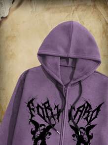 ROMWE MEN Academia 男士天使印花拉鍊加厚連帽衫 - 紫色 - 查看 3