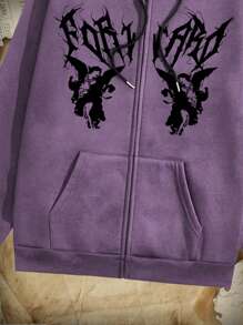 ROMWE MEN Academia 男士天使印花拉鍊加厚連帽衫 - 紫色 - 查看 4