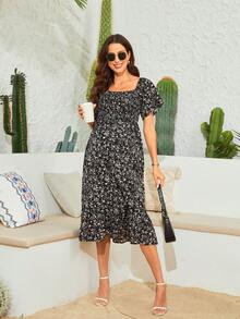Maternity Ditsy Floral Print Puff Sleeve Ruffle Hem Dress - Black - View 3