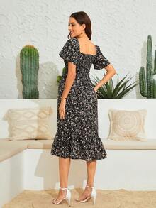 Maternity Ditsy Floral Print Puff Sleeve Ruffle Hem Dress - Black - View 6