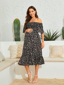 Maternity Ditsy Floral Print Puff Sleeve Ruffle Hem Dress - Black - View 7