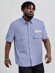 GENTILAND Loose Fit Men Plus Size Letter Print Flap Pocket Shirt - Purple - View 1