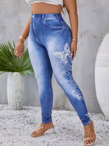 SHEIN LUNE Plus Butterfly & Denim-Effect Print Leggings - Blue - View 1