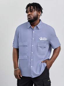 GENTILAND Loose Fit Men Plus Size Letter Print Flap Pocket Shirt - Purple - View 3
