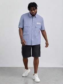 GENTILAND Loose Fit Men Plus Size Letter Print Flap Pocket Shirt - Purple - View 4