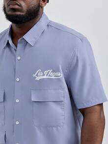 GENTILAND Loose Fit Men Plus Size Letter Print Flap Pocket Shirt - Purple - View 6