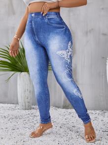 SHEIN LUNE Plus Butterfly & Denim-Effect Print Leggings - Blue - View 4