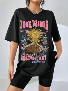 SHEIN EZwear Áo phông Quá khổ mặt trời & Đồ họa Chữ cái Thả vai - màu đen - Xem 6