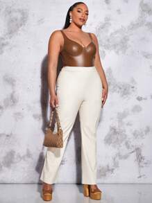 SHEIN BAE Plus Solid PU Leather High-Cut Bodysuit, For Winter - Coffee Brown - View 3