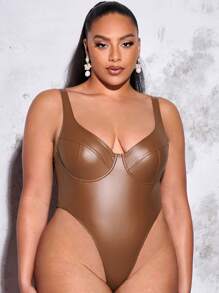 SHEIN BAE Plus Solid PU Leather High-Cut Bodysuit, For Winter - Coffee Brown - View 4