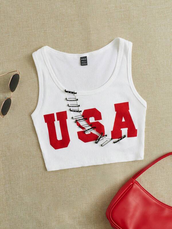 Pin Front Letter Graphic Crop Tank Top-White