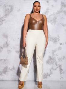 SHEIN BAE Plus Solid PU Leather High-Cut Bodysuit, For Winter - Coffee Brown - View 7