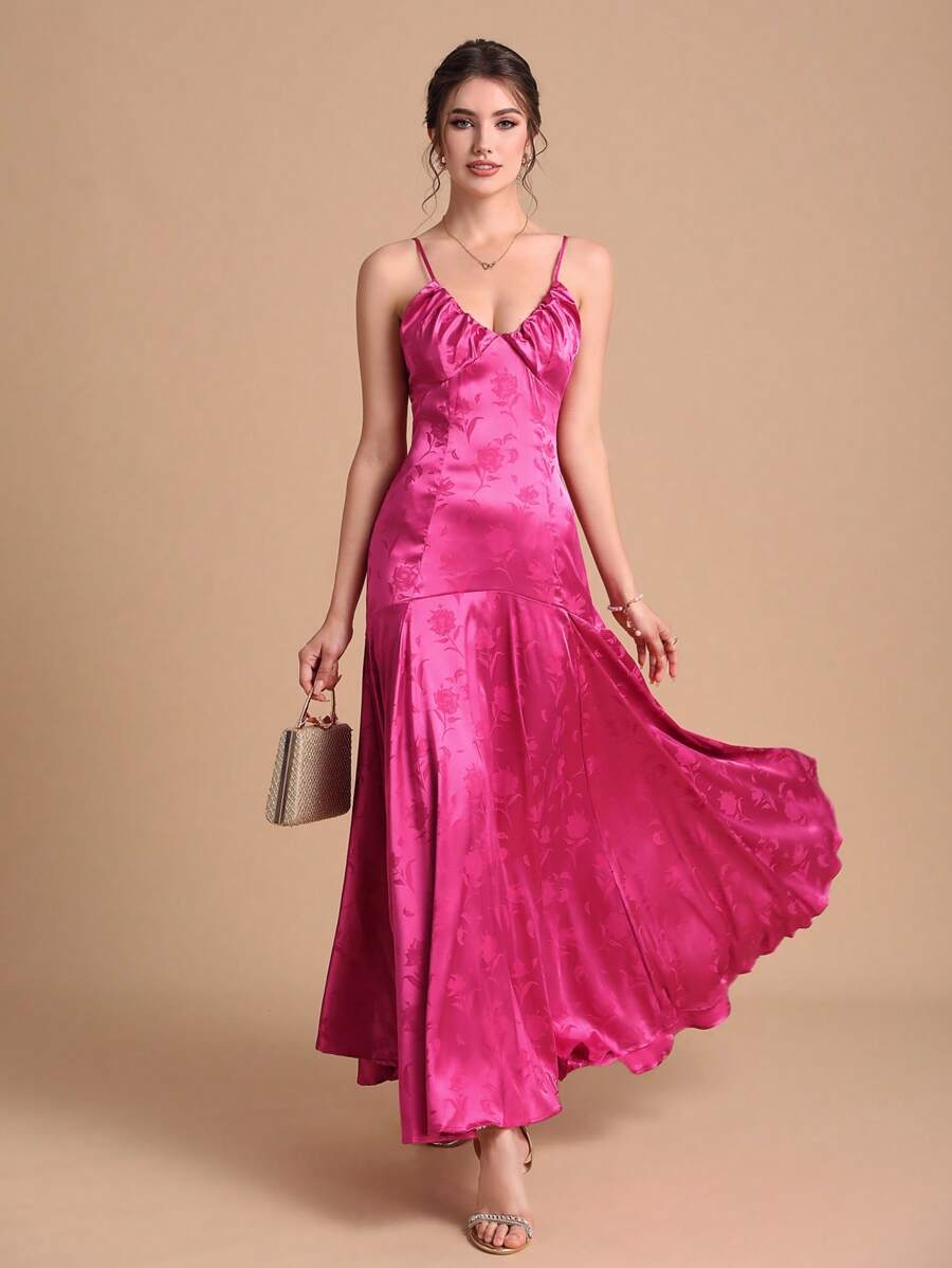 SHEIN Belle 花卉圖案提花褶邊荷葉邊吊帶洋裝