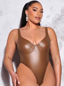 SHEIN BAE Plus Solid PU Leather High-Cut Bodysuit, For Winter - Coffee Brown - View 8
