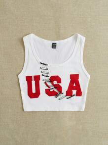 Pin Front Letter Graphic Crop Tank Top-White