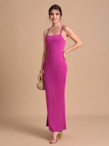 SHEIN Belle Đầm Lộ Lưng Hội Chữ thập màu trơn Thanh lịch - Màu Hồng Tươi - Xem 5