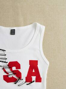 Pin Front Letter Graphic Crop Tank Top-White