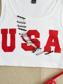 Pin Front Letter Graphic Crop Tank Top-White
