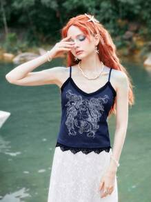 ROMWE Fairycore 美人魚翅膀和人像蕾絲拼接吊帶上衣 - 藏蓝色 - 查看 5