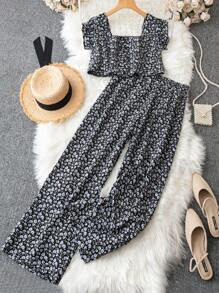 Flirla Plus Ditsy Floral Print Crop Top & Wide Leg Trousers - Black and White - View 1