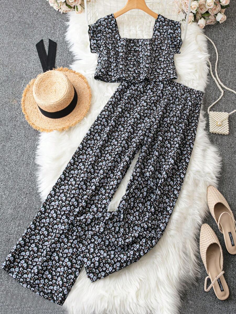 Flirla Plus Ditsy Floral Print Crop Top & Wide Leg Trousers - Black and White - View 1