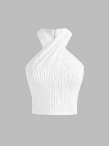 SHEIN Girlism Teen Girl Urban Fashion Dệt kim Jacquard Tight Twist Cross Halter Neck Tank Top, Mùa hè - trắng - Xem 1