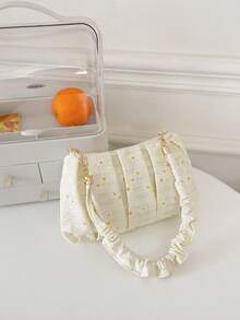 Flower Embroidered Ruched Bag Fashionable Zipper Polyester - Beige - View 2