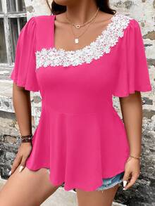 SHEIN Clasi 大碼蕾絲拼接蝴蝶袖荷葉邊下擺T恤 - 玫紅色 - 查看 3