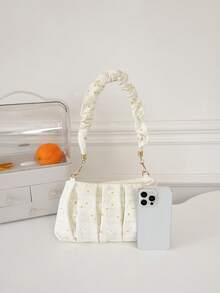 Flower Embroidered Ruched Bag Fashionable Zipper Polyester - Beige - View 5
