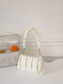 Flower Embroidered Ruched Bag Fashionable Zipper Polyester - Beige - View 7