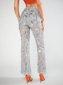 SHEIN BAE Sequin Flare Leg Pants - Light Grey - View 2