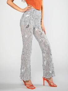 SHEIN BAE Sequin Flare Leg Pants - Light Grey - View 6