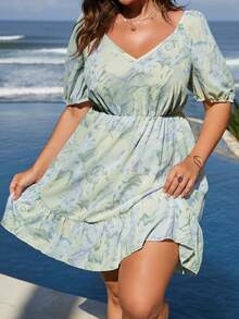 SHEIN Holidaya Plus Allover Print Tie Backless Ruffle Hem Dress - Multicolor - View 2