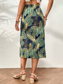 SHEIN VCAY Tropical Print Drawstring Split Thigh Skirt - Multicolor - View 2
