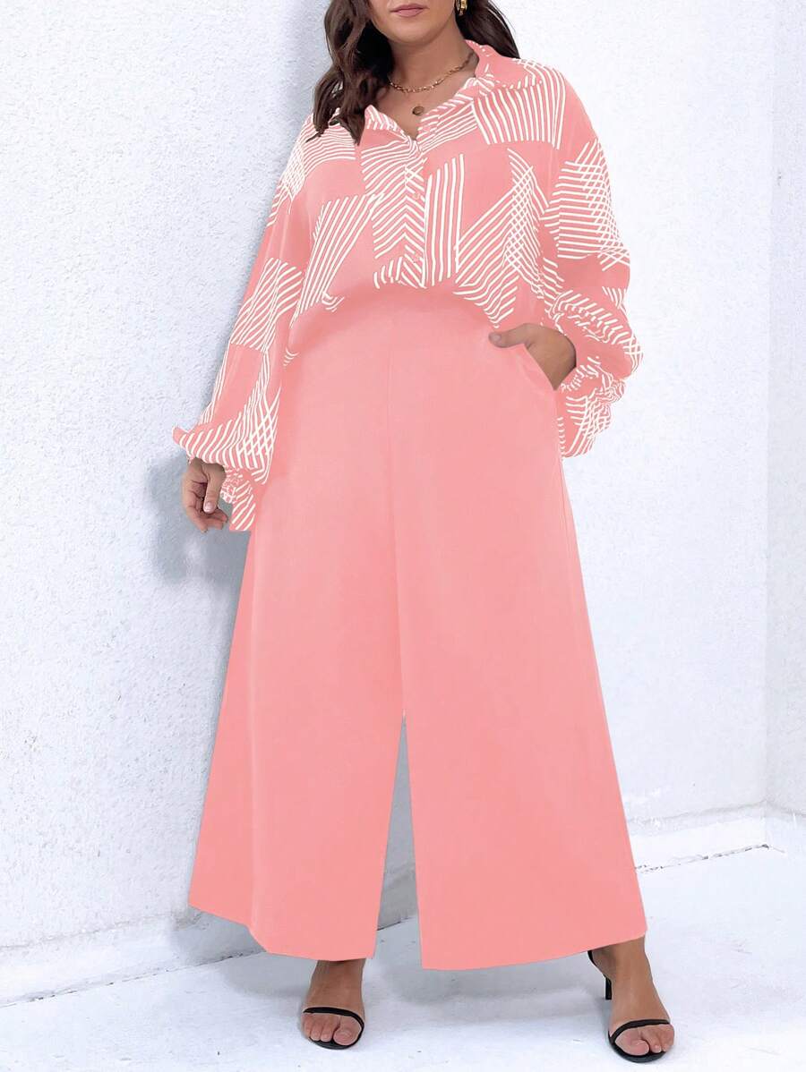 SHEIN LUNE Bộ thời trang Plus Size Nút phía trước Sọc Giải trí - Hồng - Xem 1