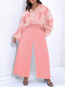 SHEIN LUNE Bộ thời trang Plus Size Nút phía trước Sọc Giải trí - Hồng - Xem 3