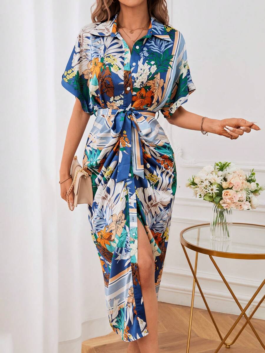 SHEIN VCAY 熱帶圖案蝙蝠袖腰帶襯衫洋裝