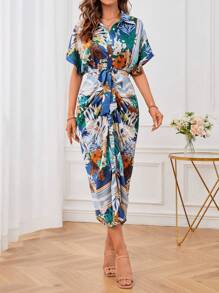 SHEIN VCAY 熱帶圖案蝙蝠袖腰帶襯衫洋裝