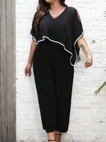 SHEIN Clasi 大碼撞色滾邊開衩袖連身褲 - 黑色 - 查看 3