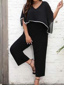 SHEIN Clasi 大碼撞色滾邊開衩袖連身褲 - 黑色 - 查看 4