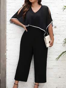 SHEIN Clasi 大碼撞色滾邊開衩袖連身褲 - 黑色 - 查看 5